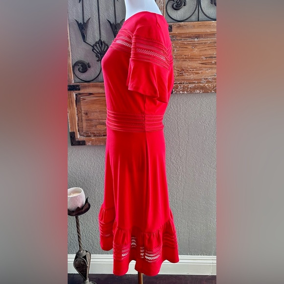 Michael Kors Bright Red Open Weave Mesh Insert Dress w/Ruffled Hem - Sz M - Picture 11 of 16